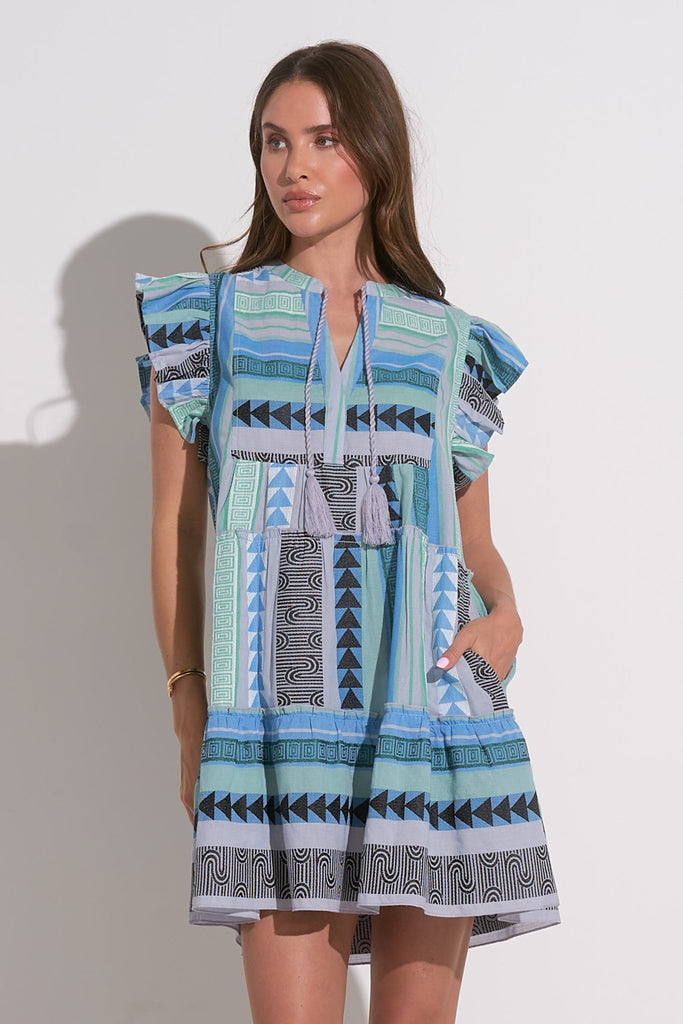Blue Tonal Embroidery Flutter Dress - MISRED