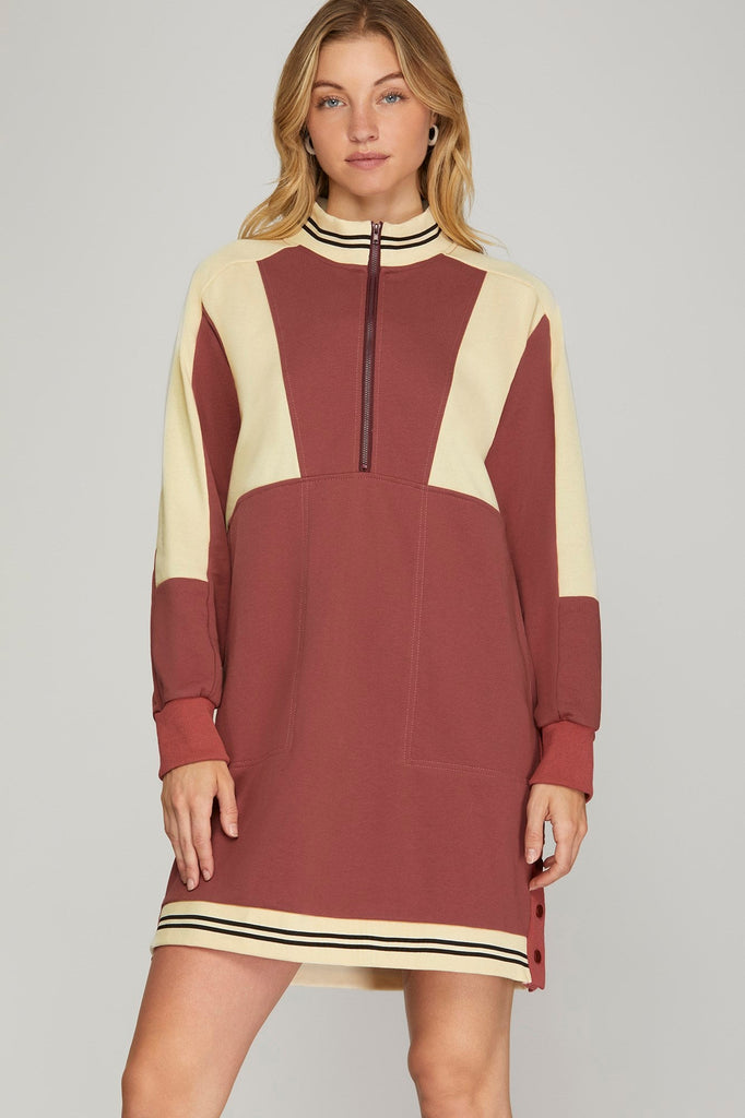 Brick red Varsity Stripe Zip Up Dress - MISRED