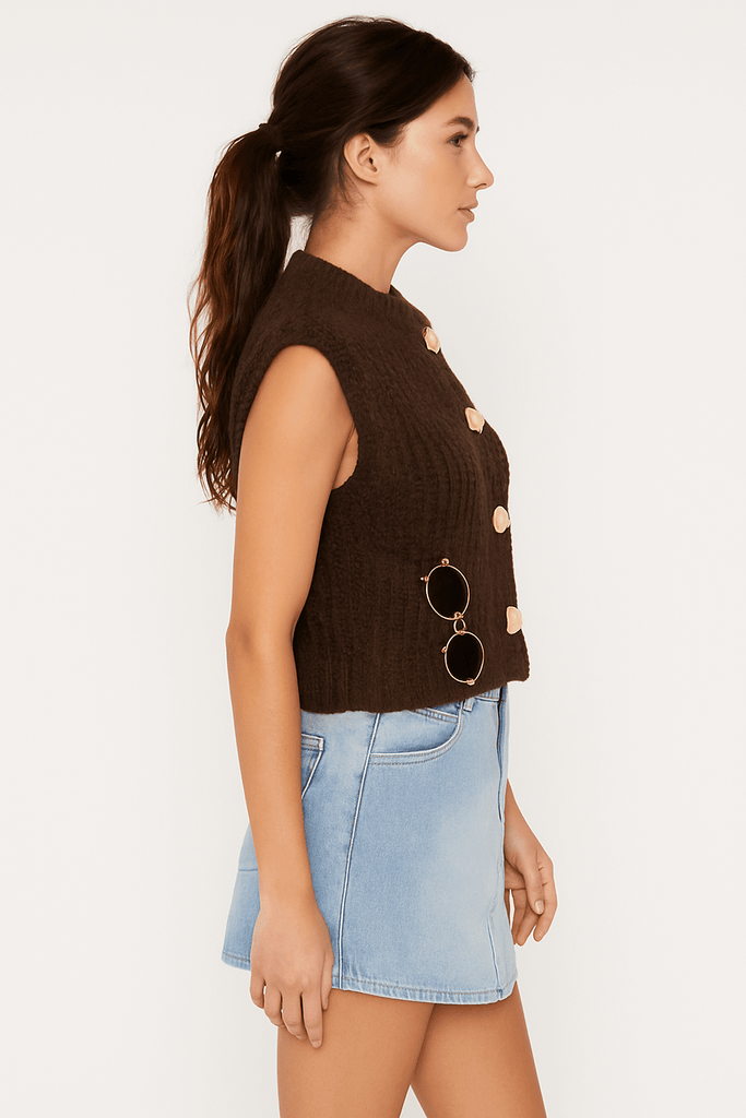 Brown Chunky Knit Gold Button Vest - MISRED
