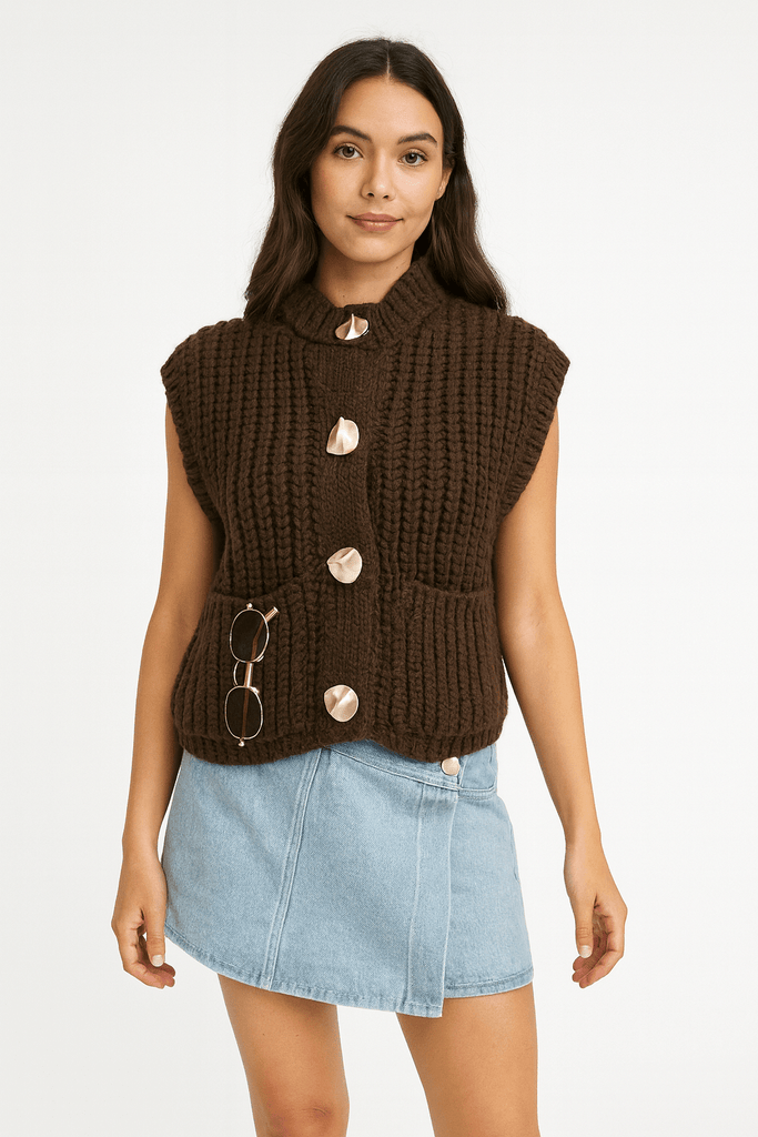 Brown Chunky Knit Gold Button Vest - MISRED