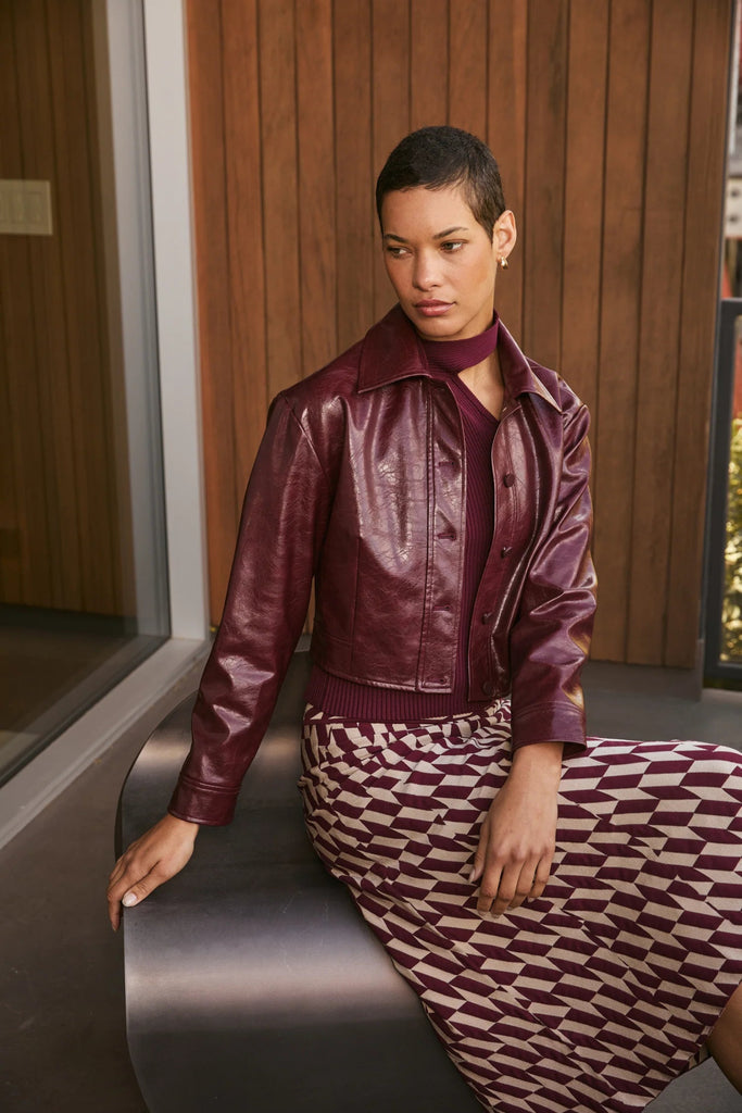 Burgandy Faux Leather Cropped Jacket - MISRED