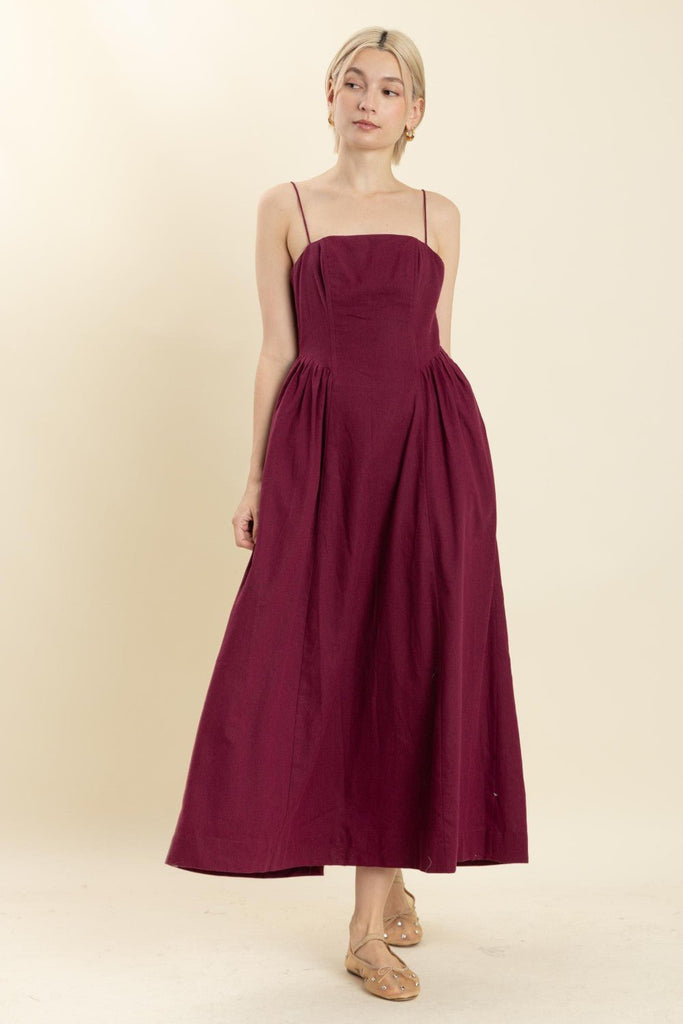 Burgundy Boned Bodice Midi Dress - MISRED