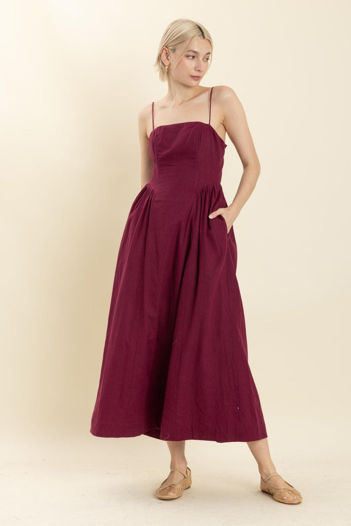 Burgundy Boned Bodice Midi Dress - MISRED