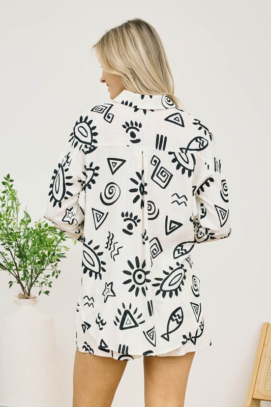 B&W Doodle Print Button Down - MISRED