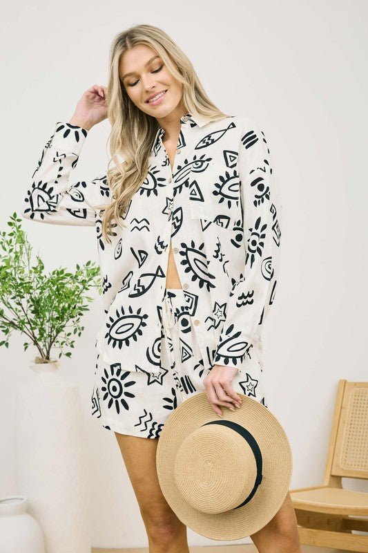 B&W Doodle Print Button Down - MISRED