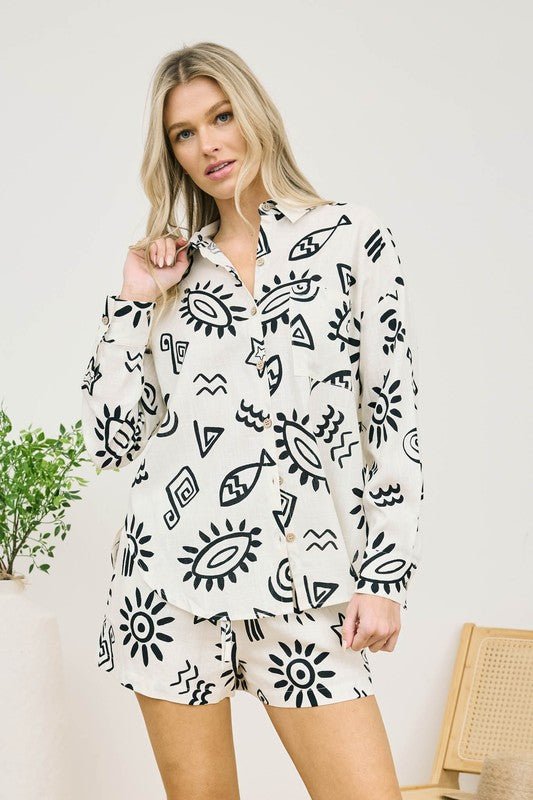 B&W Doodle Print Button Down - MISRED