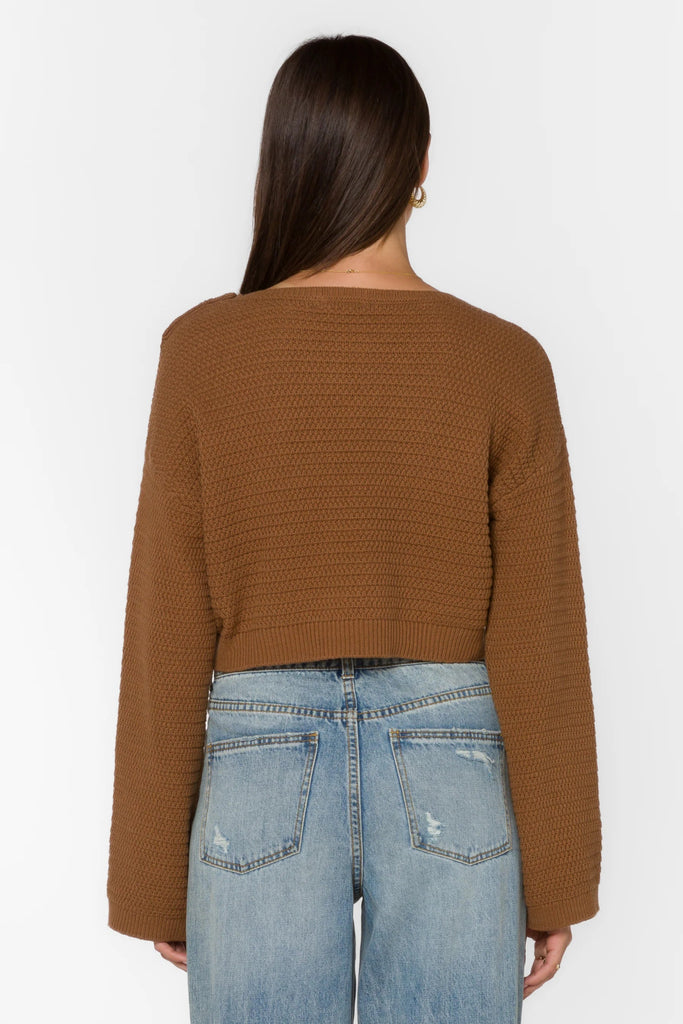 Carla Tan Button Shoulder Crop Sweater - MISRED