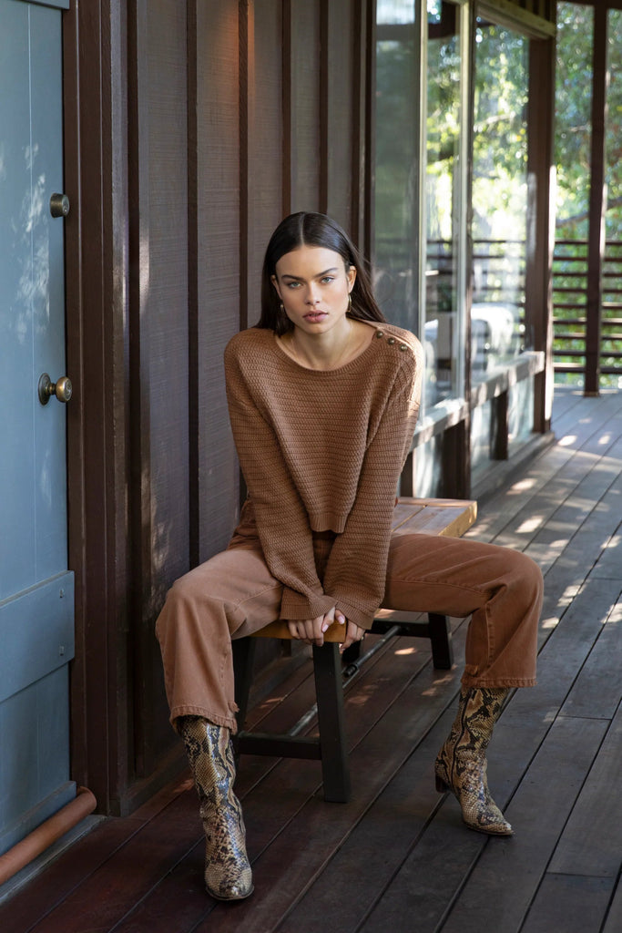 Carla Tan Button Shoulder Crop Sweater - MISRED