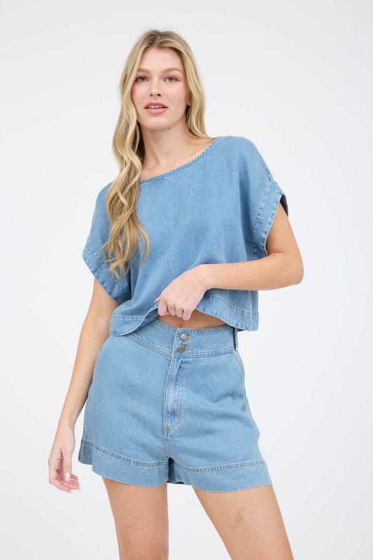 Chambray Boat Neck Batwing Blouse - MISRED