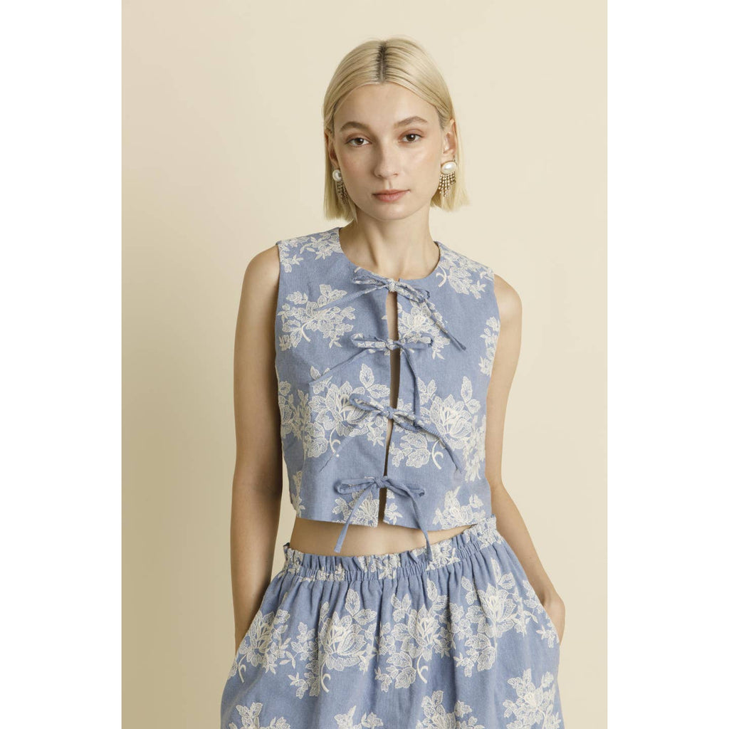 Chambray Embroidered Tie Front Vest - MISRED