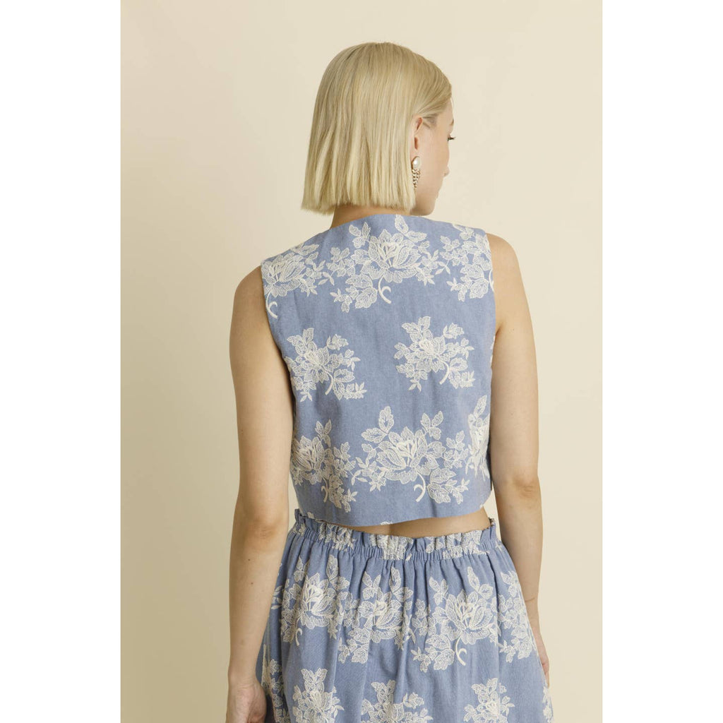 Chambray Embroidered Tie Front Vest - MISRED