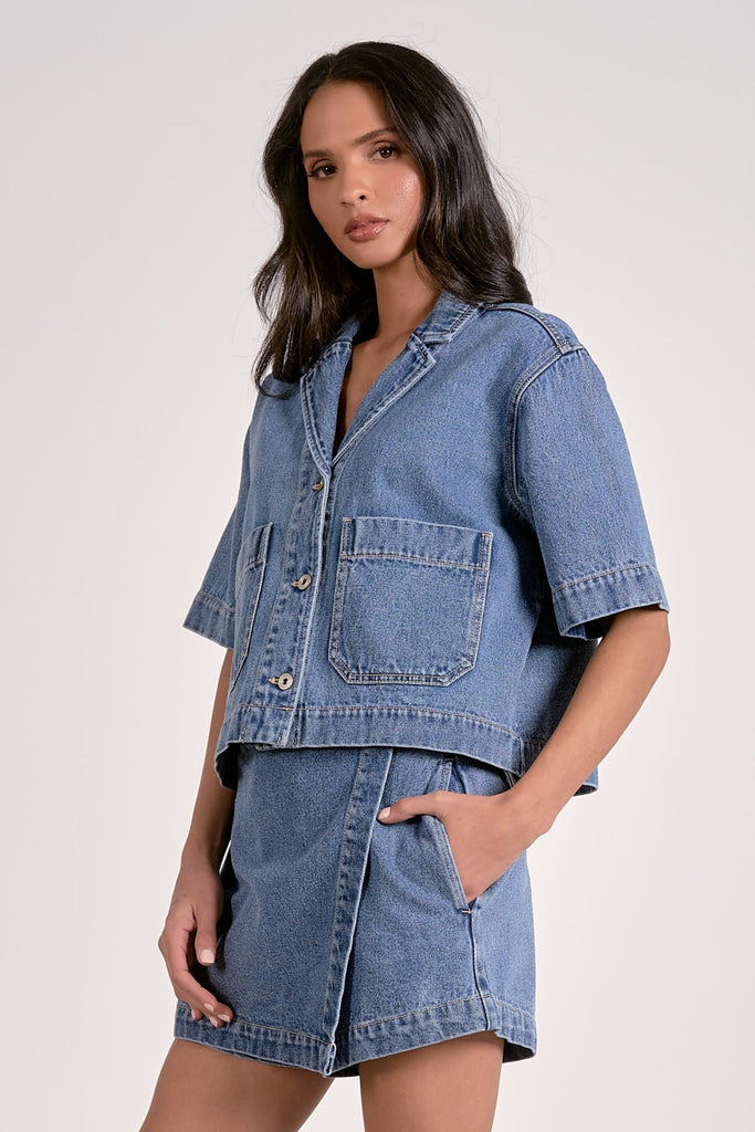 Chambray Half Sleeve Button Blouse - MISRED