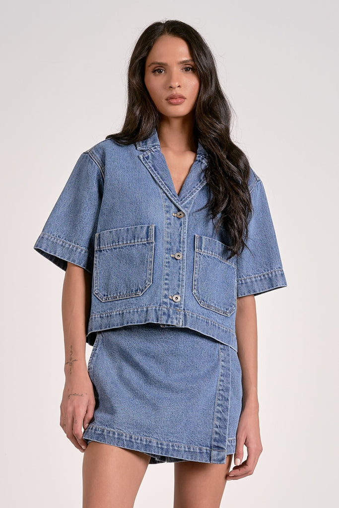 Chambray Half Sleeve Button Blouse - MISRED