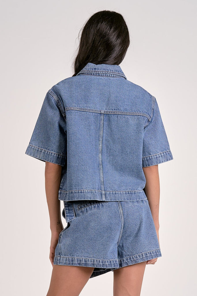 Chambray Half Sleeve Button Blouse - MISRED