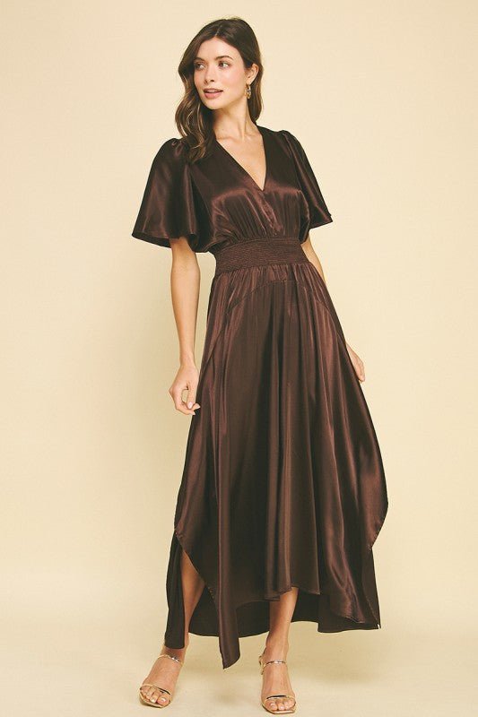 Cocoa Satin Flutter Sleeve Dress - MISRED