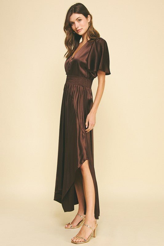 Cocoa Satin Flutter Sleeve Dress - MISRED