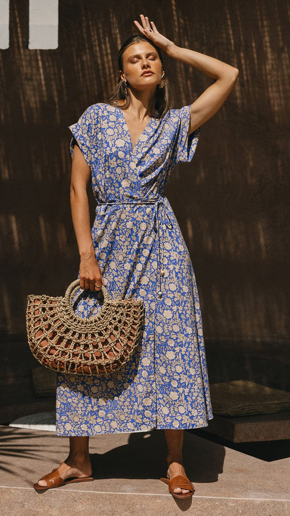 Cool Blue Floral Wrap Maxi Dress - MISRED
