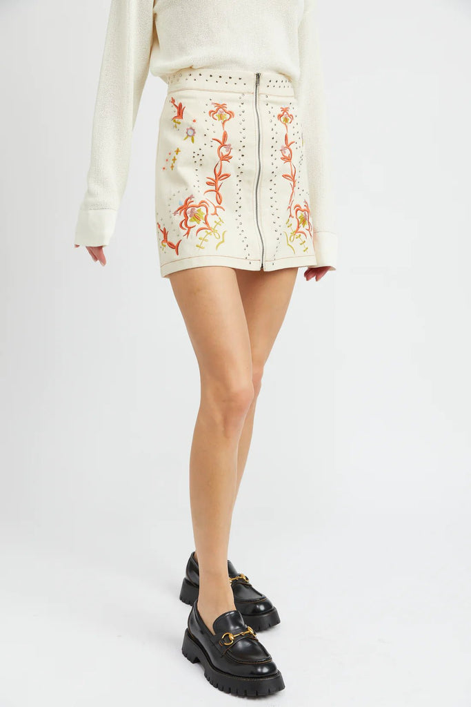 Coral Emboridered Stud Mini Skirt - MISRED
