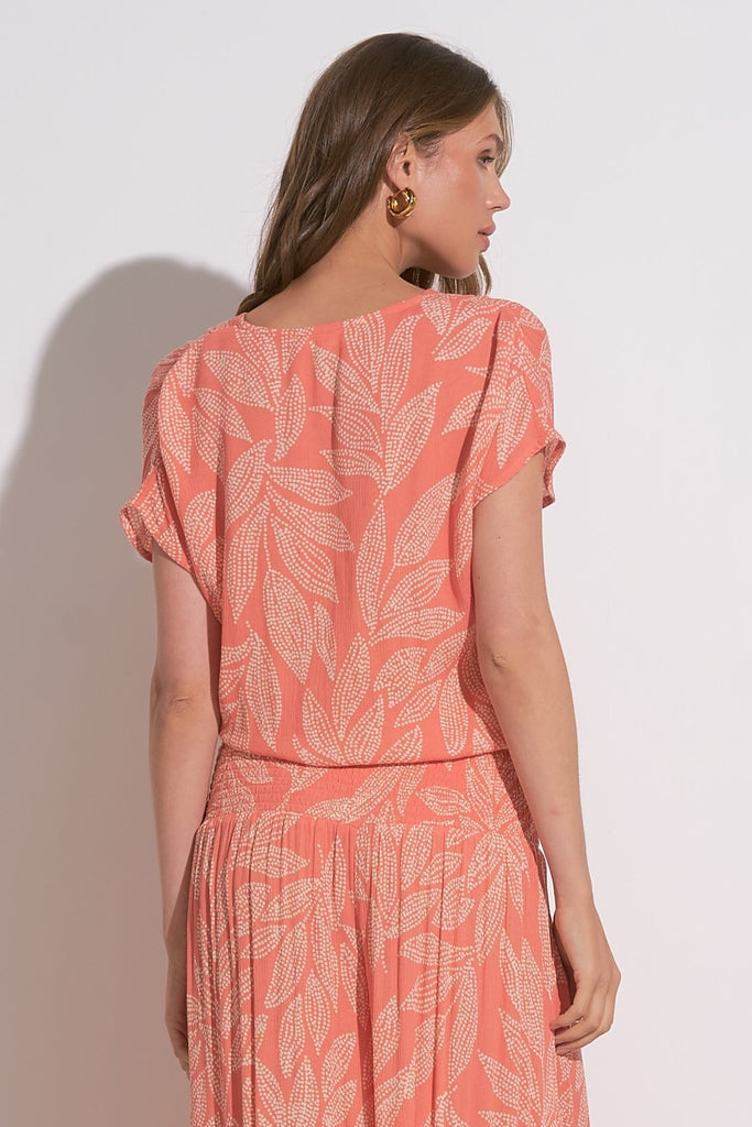 Coral Tropical Palm Print Blouse - MISRED