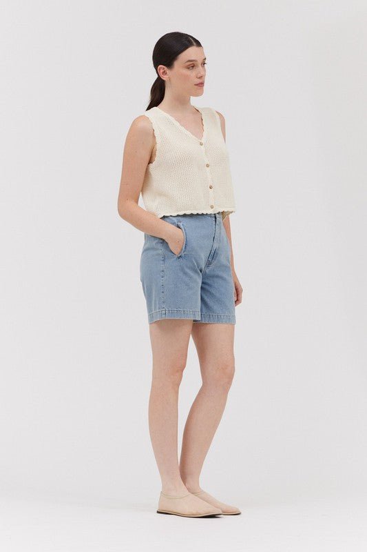 Cream Crochet Button Front Vest Top - MISRED