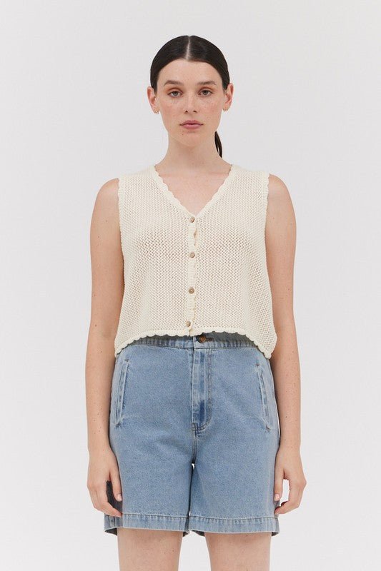 Cream Crochet Button Front Vest Top - MISRED