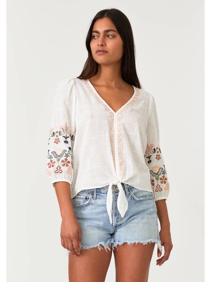 Cream Floral Embroidered Tie Blouse - MISRED