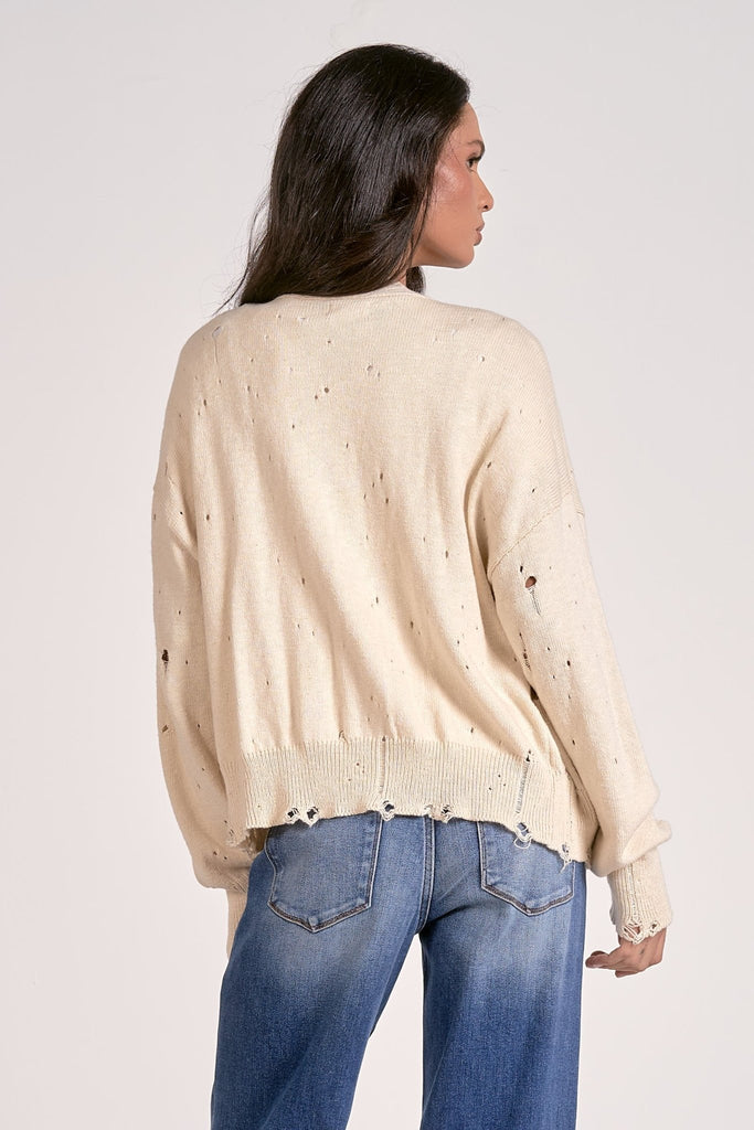 Cream Lightly Distressed Sweater Cardigan - MISRED
