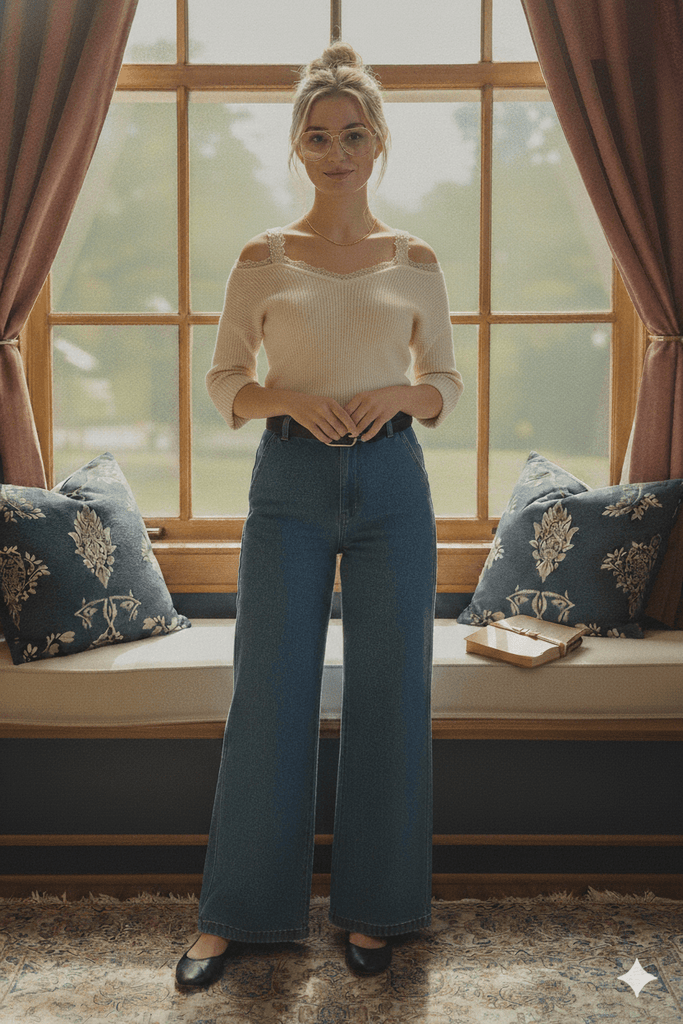 Cream Off - Shoulder Sweater with Lace Trim - MISRED