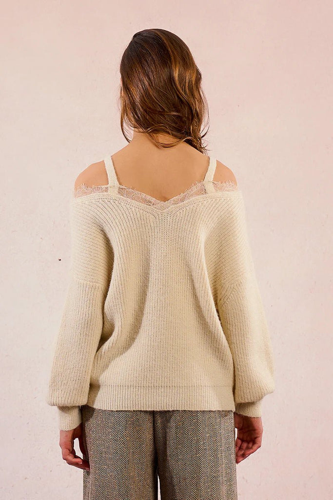 Cream Off - Shoulder Sweater with Lace Trim - MISRED