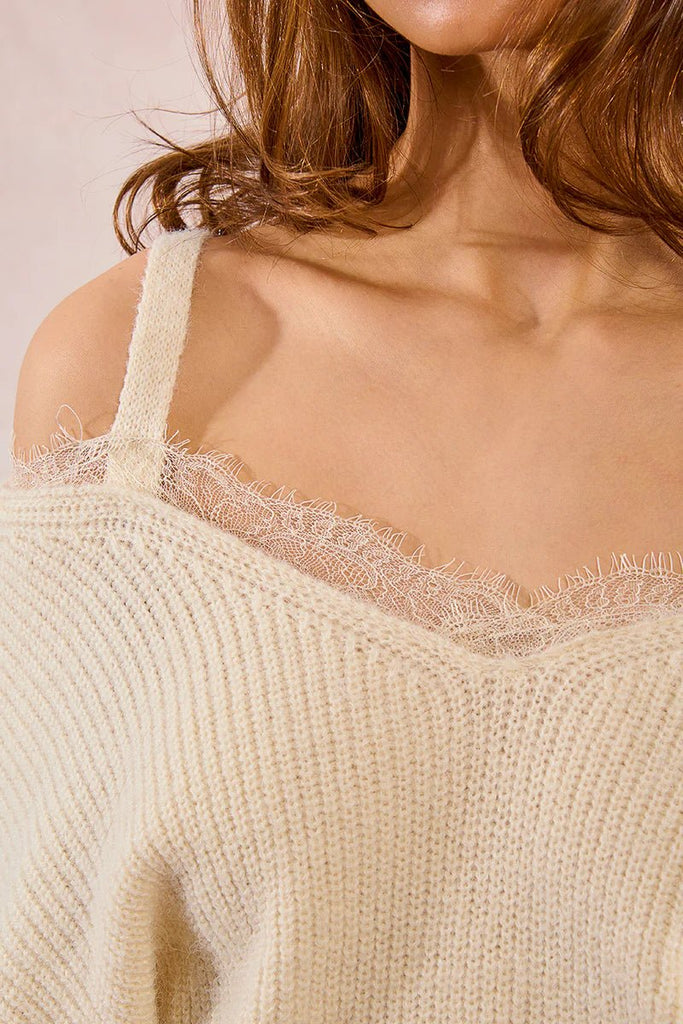Cream Off - Shoulder Sweater with Lace Trim - MISRED