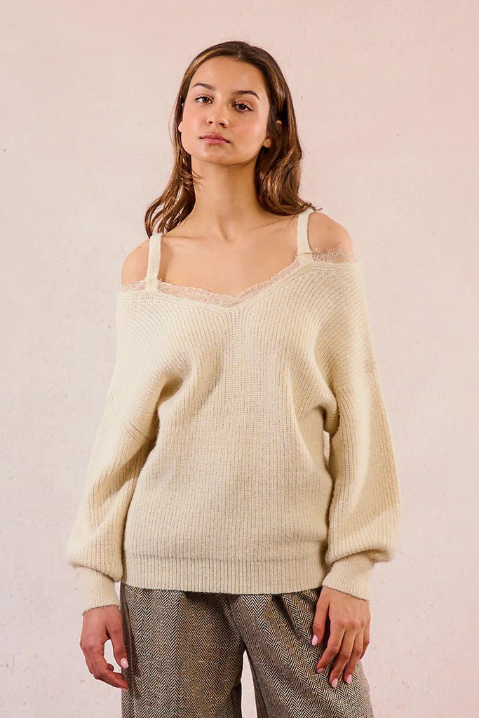 Cream Off - Shoulder Sweater with Lace Trim - MISRED