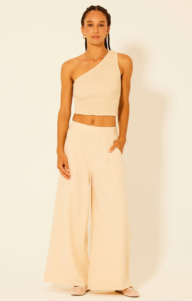 Cream One Shoulder Smocked Top - MISRED