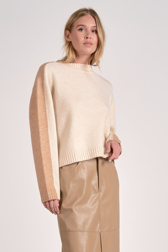 Cream & Tan 2 Tone Pull Over Sweater - MISRED