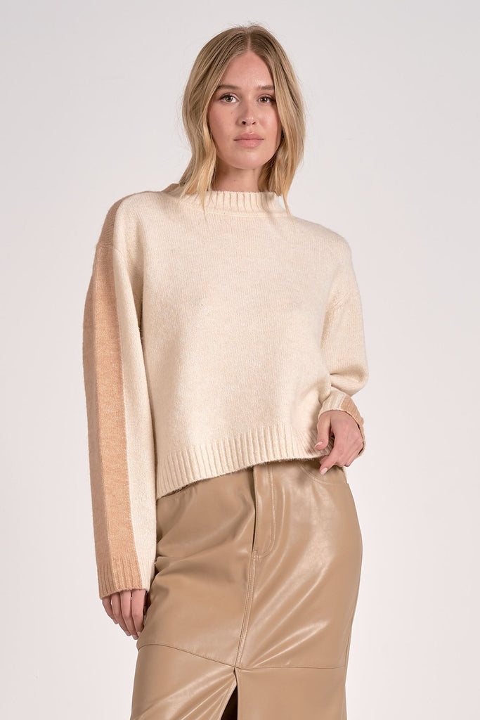 Cream & Tan 2 Tone Pull Over Sweater - MISRED