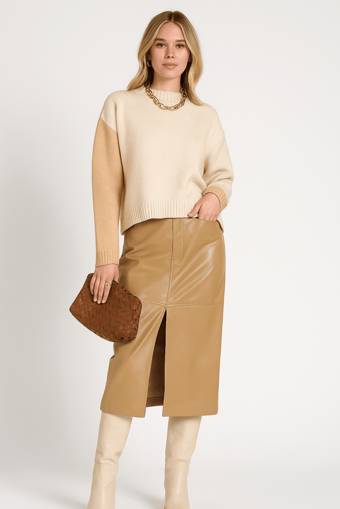 Cream & Tan 2 Tone Pull Over Sweater - MISRED