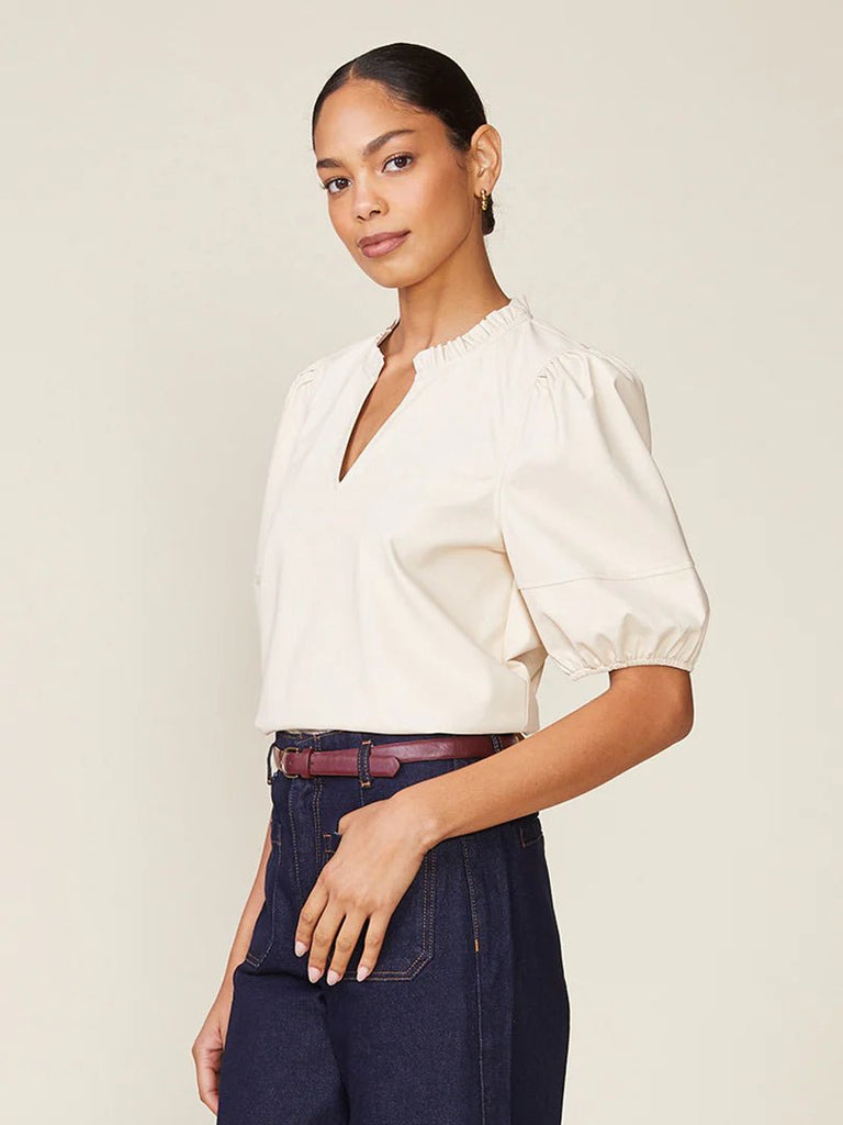 Creamy White Vegan Leather Blouse - MISRED