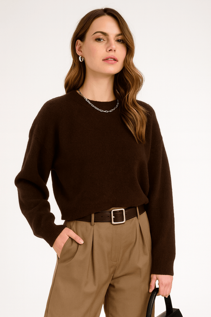 Crew Neck Cropped Pullover Sweater - MISRED