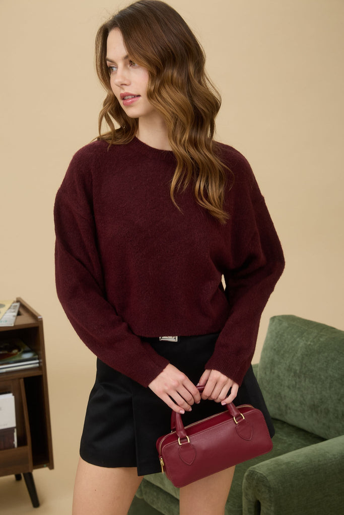 Crew Neck Cropped Pullover Sweater - MISRED