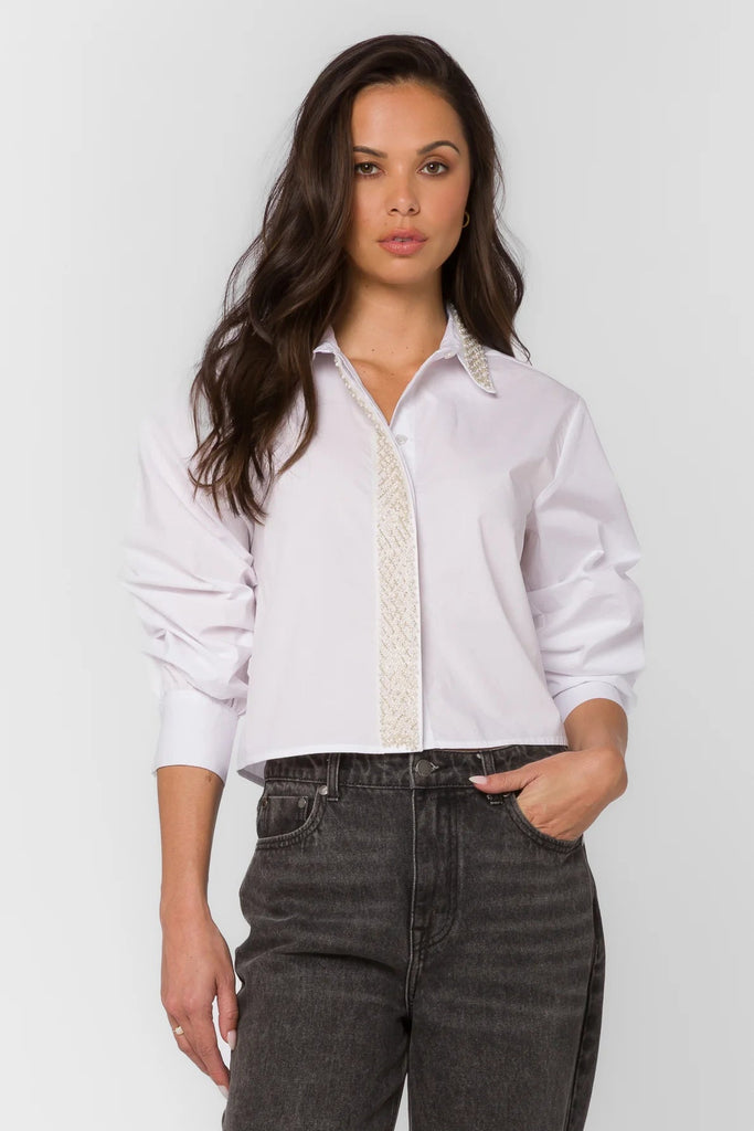 Crisp White Pearl Collar Crop Blouse - MISRED