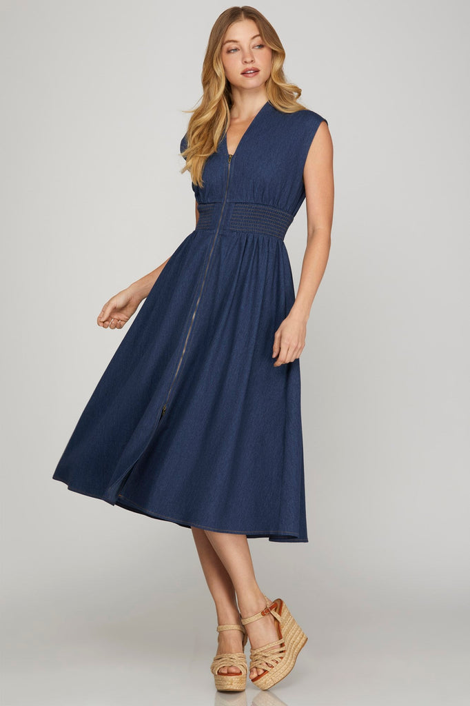 Dark Denim Zip Front A - Line Dress - MISRED