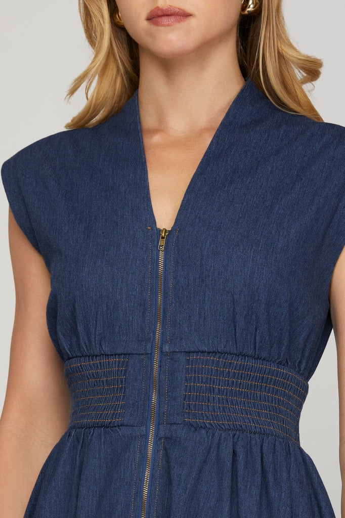 Dark Denim Zip Front A - Line Dress - MISRED