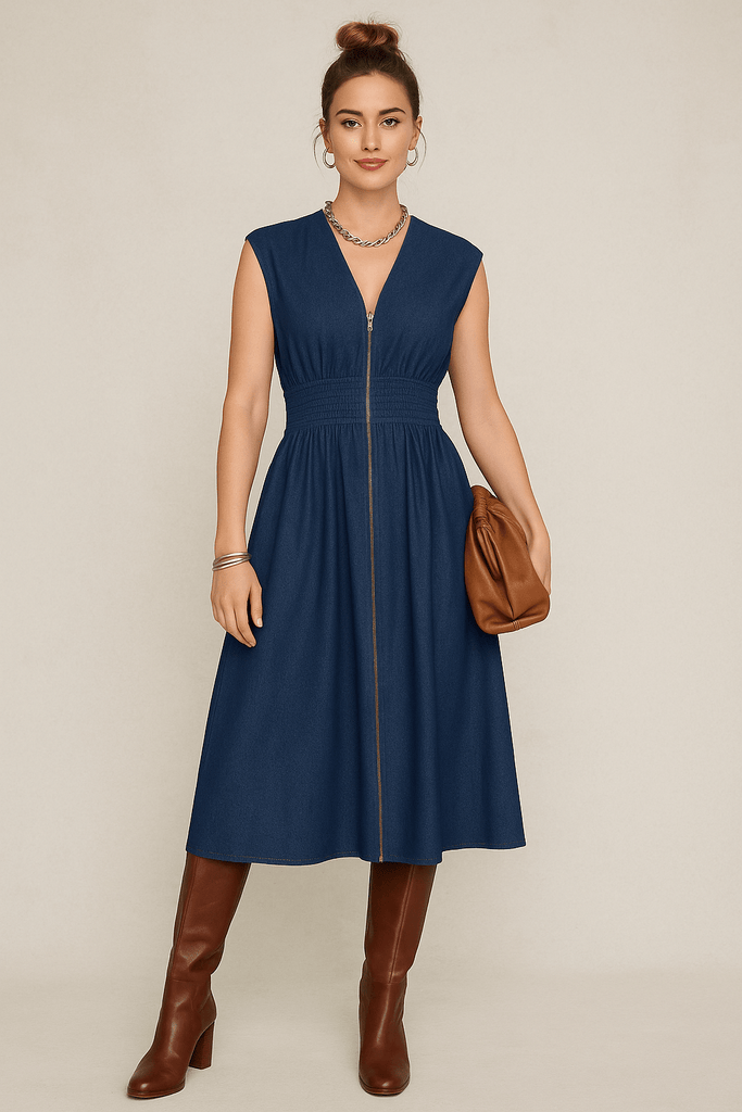 Dark Denim Zip Front A - Line Dress - MISRED