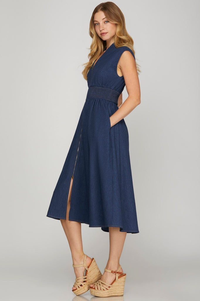 Dark Denim Zip Front A - Line Dress - MISRED