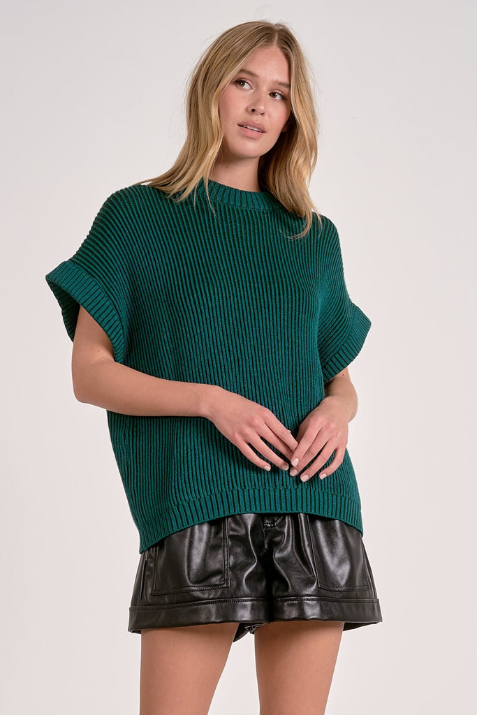 Deep Teal Chunky Knit Cap Sleeve Sweater - MISRED