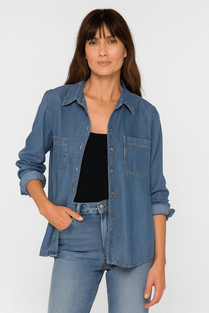 Denim Button Down Long Sleeve Top - MISRED