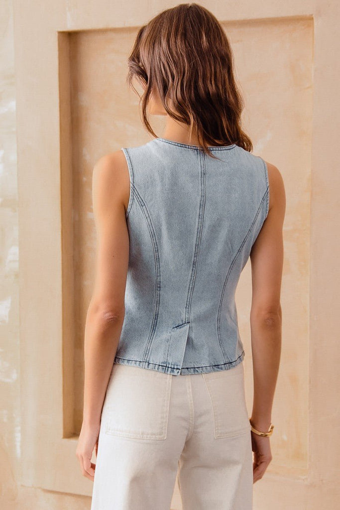 Denim Split Front Button Blouse - MISRED