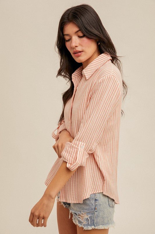 Double Gauzy Striped Button Down Blouse - MISRED