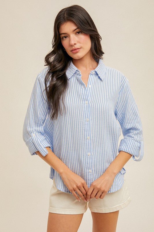 Double Gauzy Striped Button Down Blouse - MISRED