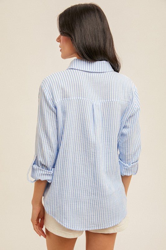 Double Gauzy Striped Button Down Blouse - MISRED