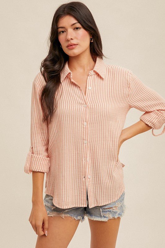 Double Gauzy Striped Button Down Blouse - MISRED